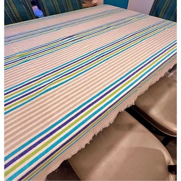 Max Studio Home Tablecloth Blue/Aqua/Green Striped Fringed 54 X 104 100% Cotton - Picture 6 of 10